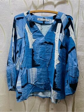 InWear NaomiIW Blouse Womens 10 Blue Abstract Geometric V-Neck 3/4 Sleeve Top